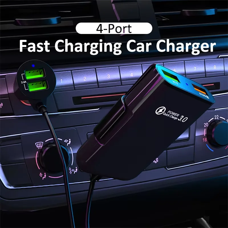 Quick Charge QC3.0 4-USB Ports Fast Charging Extension Cable For iPhone 17 16 Mobile Phone Driving Recorder Car Charger Vehicle