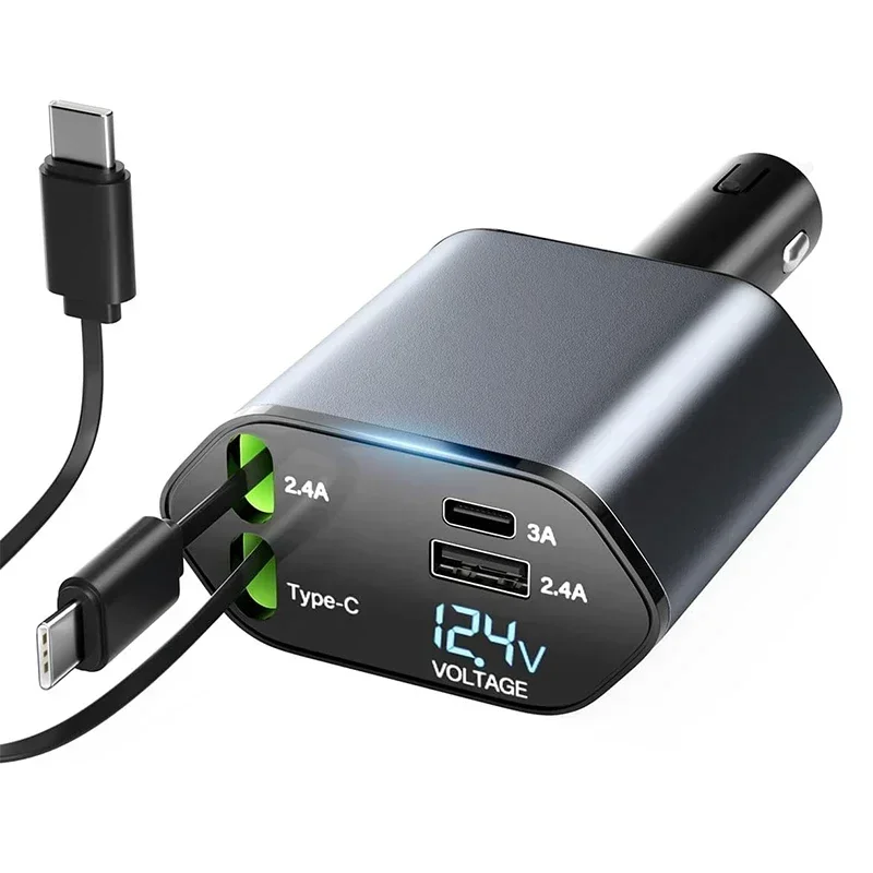 NEW 4 in 1 Retractable Car Charger 120W Super Fast Charge Car Phone 2 Type-C Retractable Cables & 2 Ports ,Hot Sale