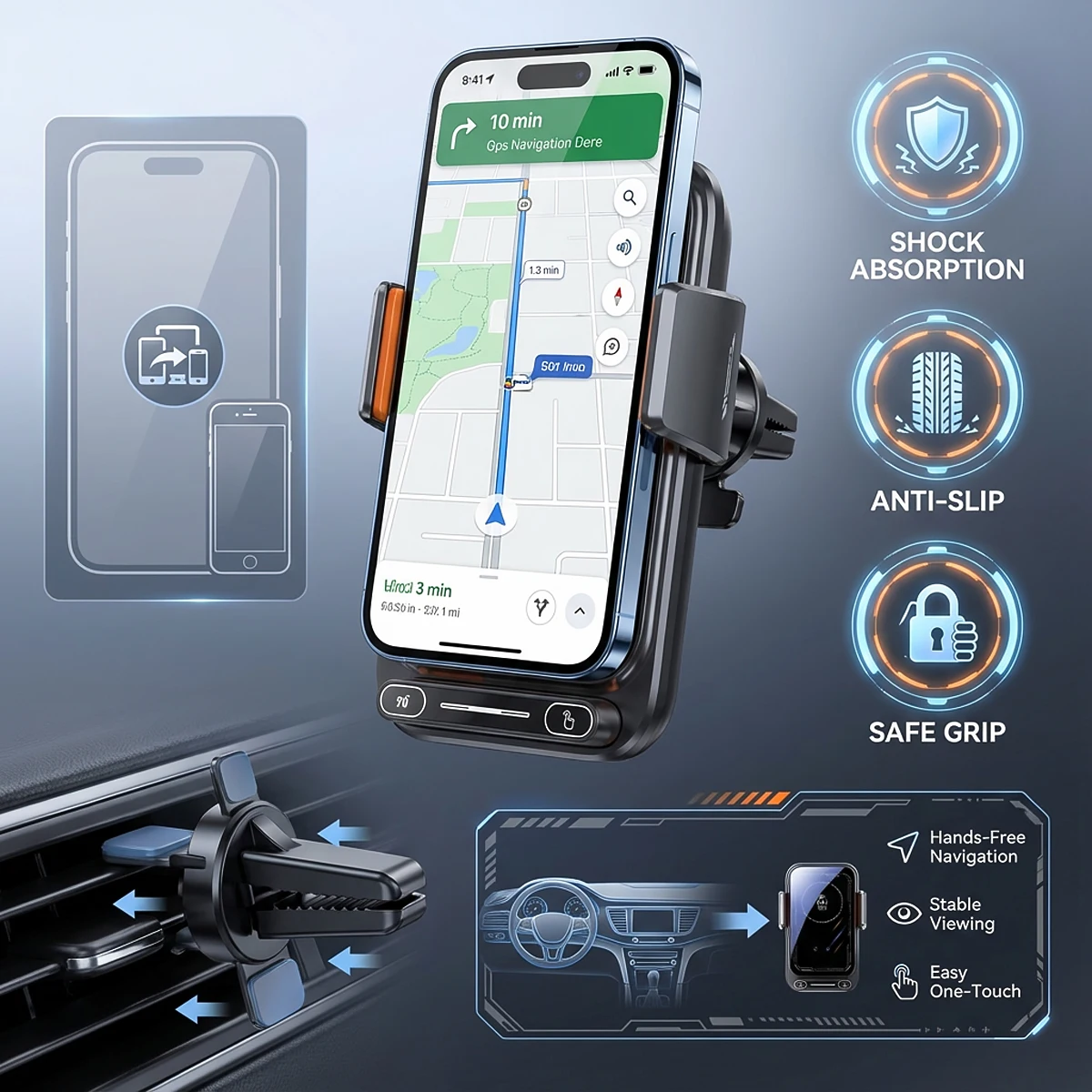 Auto-Sensing Qi Fast Wireless Charger Car Phone Holder Mount One-Touch Release & Rotation Rotatable USB Port for iPhone Android