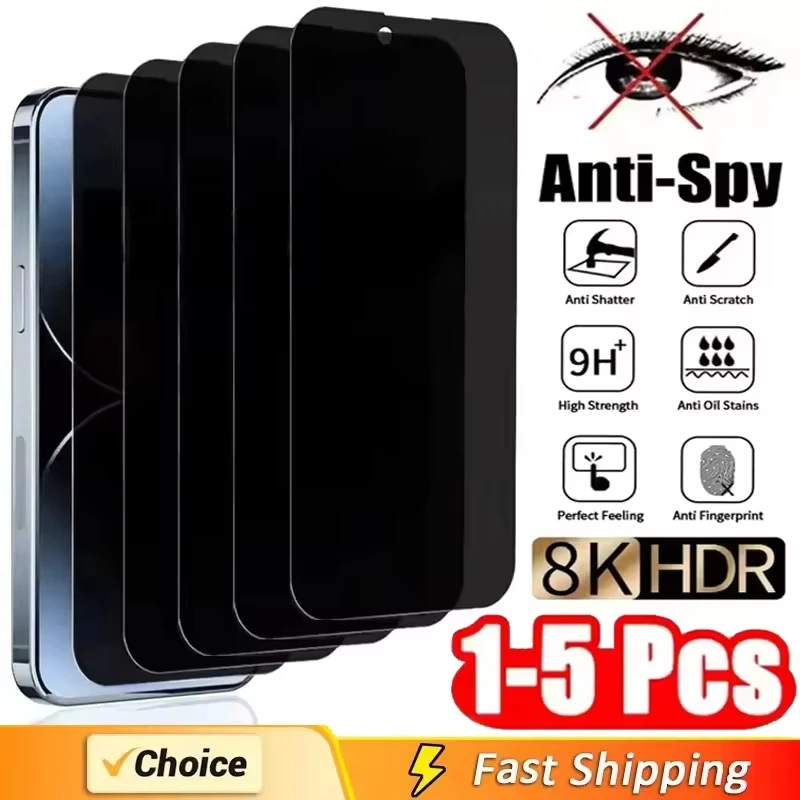 1-5Pcs Full Cover Privacy Screen Protector For iPhone 17 16 11 12 13 14 15 Pro Max Plus 8K Anti-spy Glass For iPhone XR X XS Max