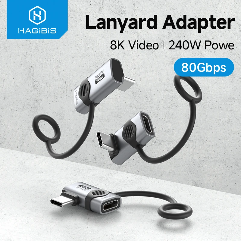 Hagibis 240W USB C to C Adapter with Lanyard 80Gbps 90 Degree Converter 8K Video USB4 Adapter for MacBook iPhone 17 Pro Tablet