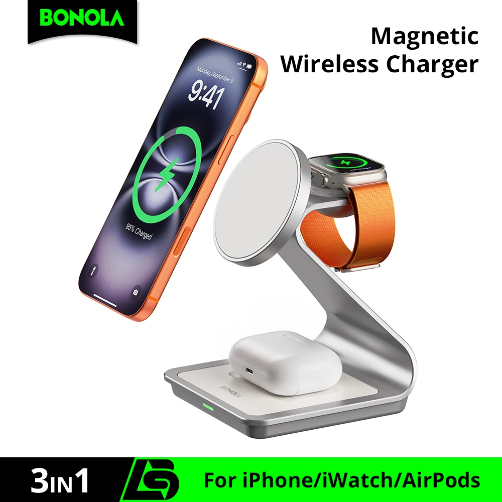 Bonola Magnetic 3 in 1 Wireless Charger for iPhone 17/16/15/14/13 Pro 30W Wireless Charging Station for Apple Watch/AirPods Pro