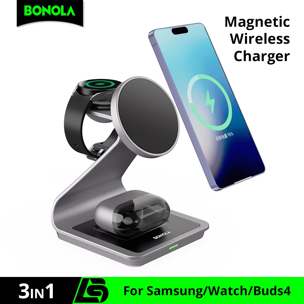 Bonola Magnetic 3 in 1 Wireless Charger Station for Samsung S26Ultra/S25 Fast Charging Stand for Galaxy Watch Ultra 8/7/6 Earbud