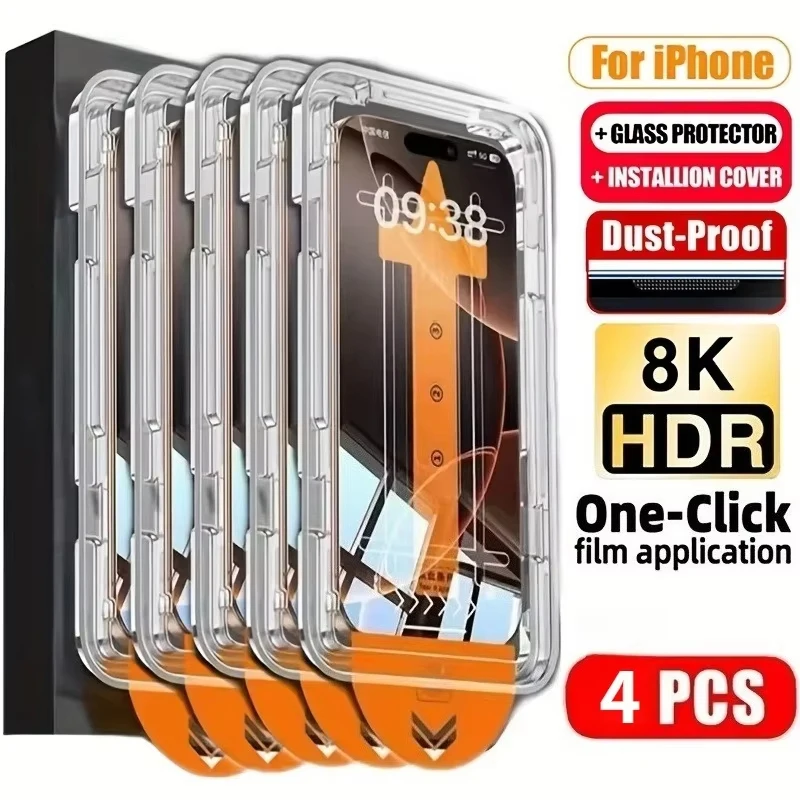 4Pcs 8K High Definition Tempered Glass For iPhone 17 Air 16 15 14 13 12 11 Pro Max X XS XR 7 8 Plus Protective Screen Protectors