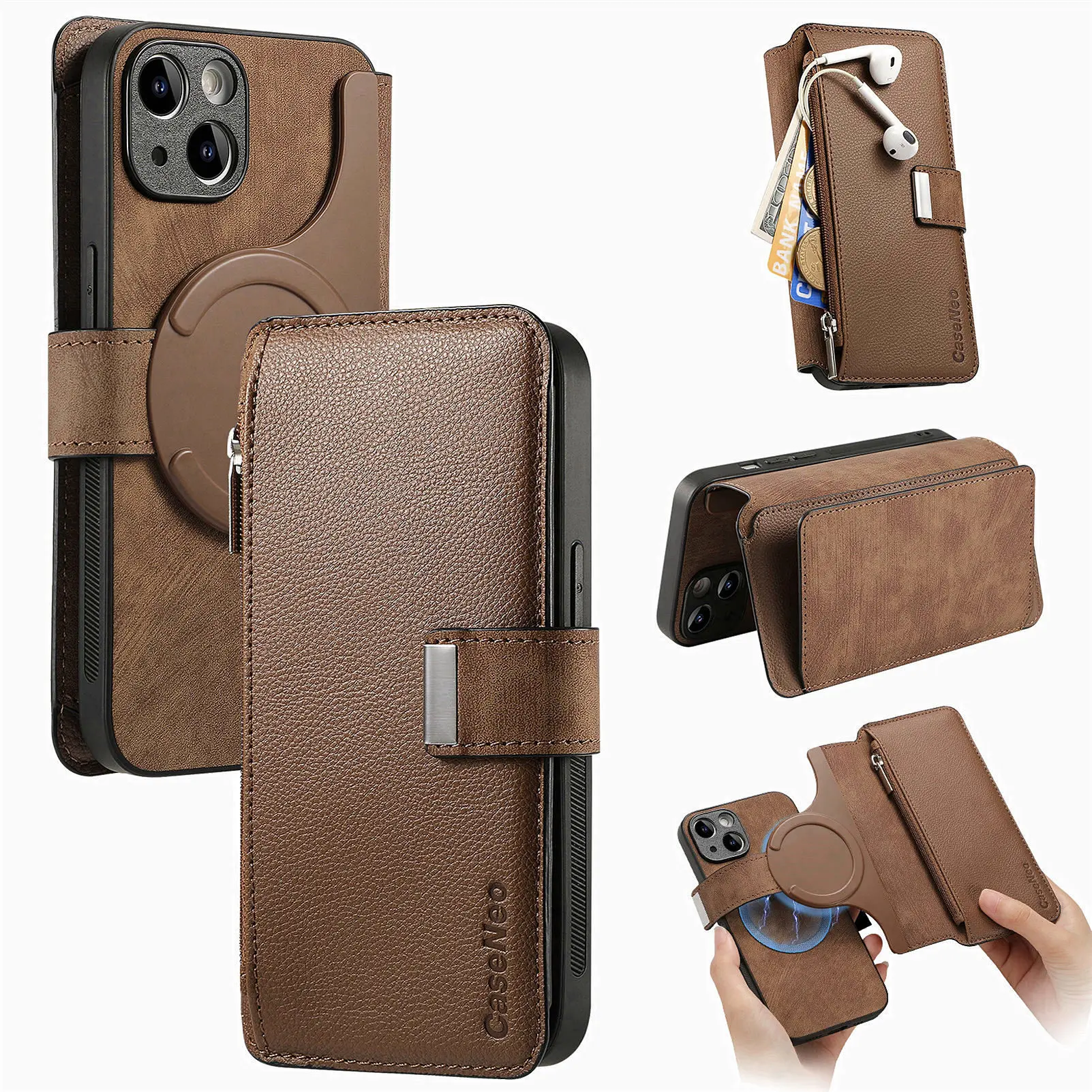 With Magsafe Wallet Case For Samsung Galaxy S25 S24 S23 S22 S21 S20 Ultra Plus FE Zipper Leather Multi 6 Card Removable Cover
