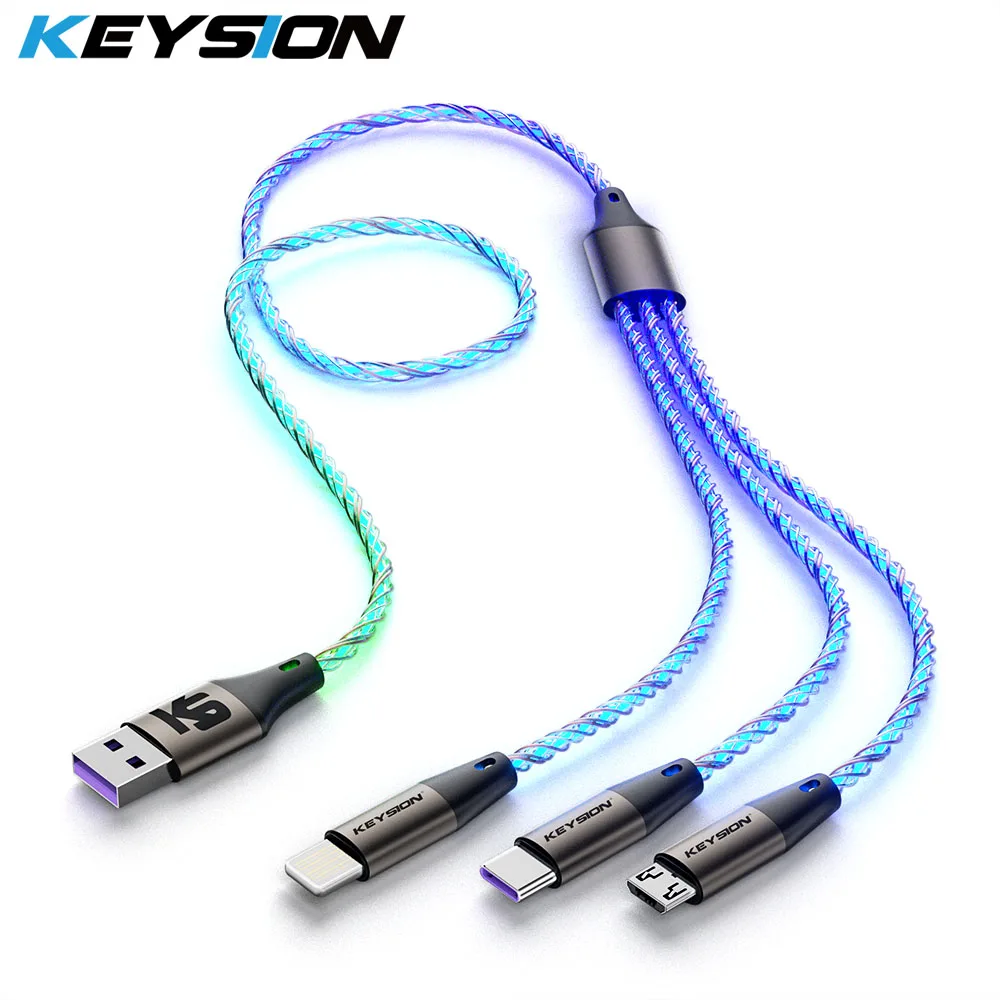 KEYSION 3 in 1 USB Cable Colorful LED RGB Light Gradient Micro USB Cord Type-C Fast Charging Wire for iPhone Samsung Xiaomi OPPO