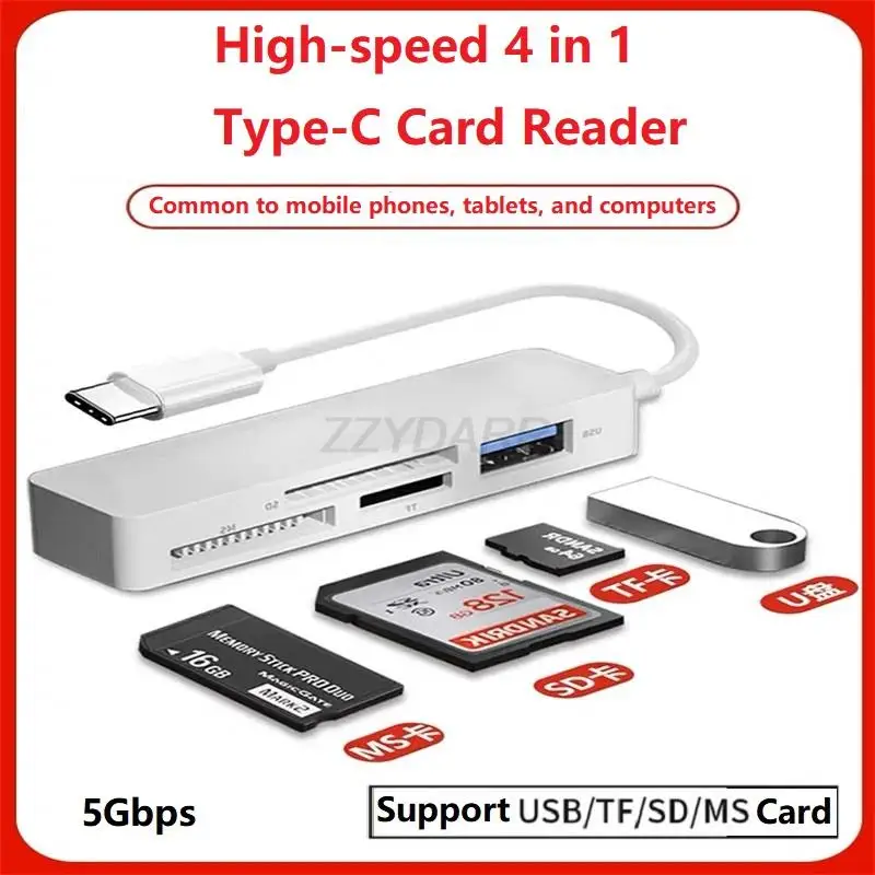 4 in 1 USB Type C MS Card Reader USB C MS Pro Duo Memory Card Reader OTG Adapter for MS/MS Pro/MS Duo/SD/TF/U Disk/Mouse/Laptops