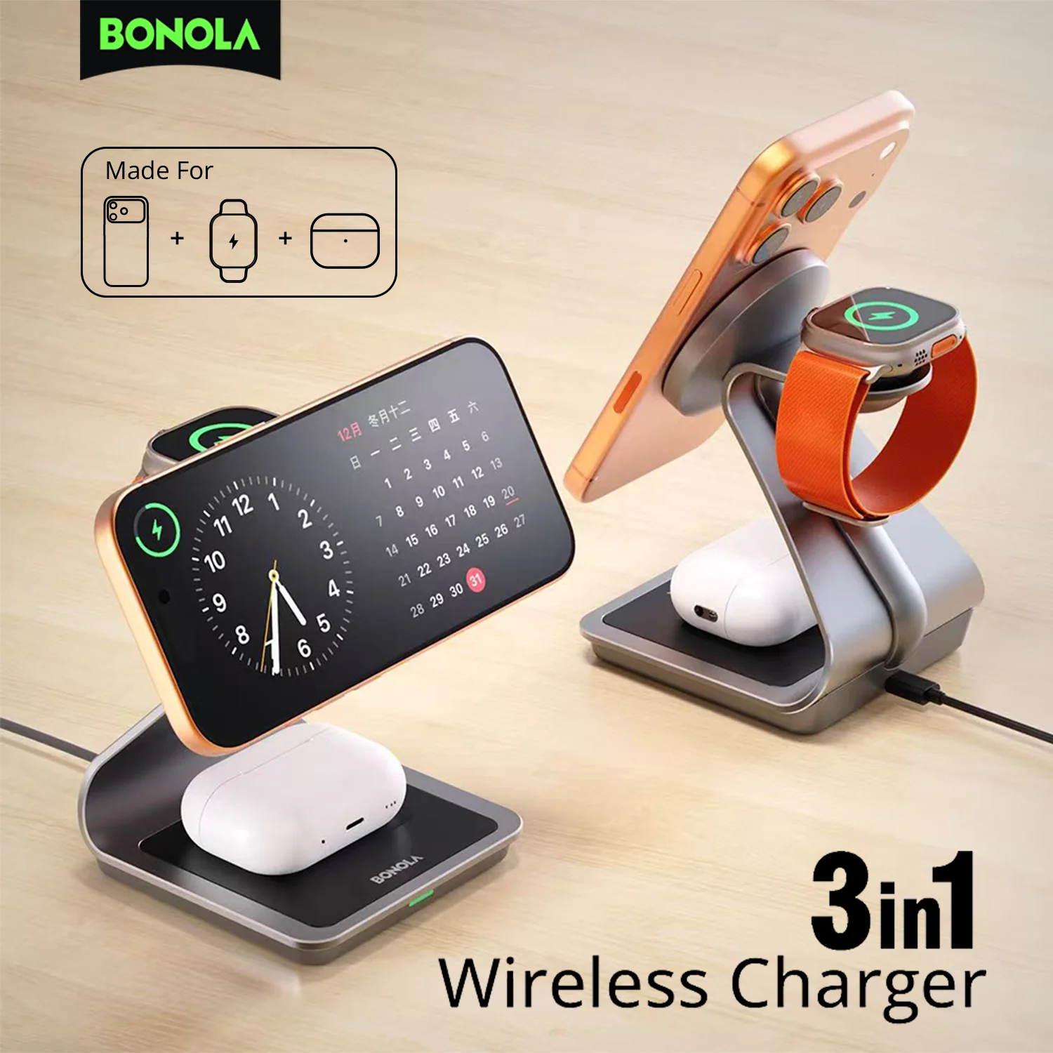 Bonola 3 in 1 Charging Station for iPhone 17/16/15/14/13 Magnetic Dock Metal Wireless Charger Stand for Apple Watch/AirPods Pro