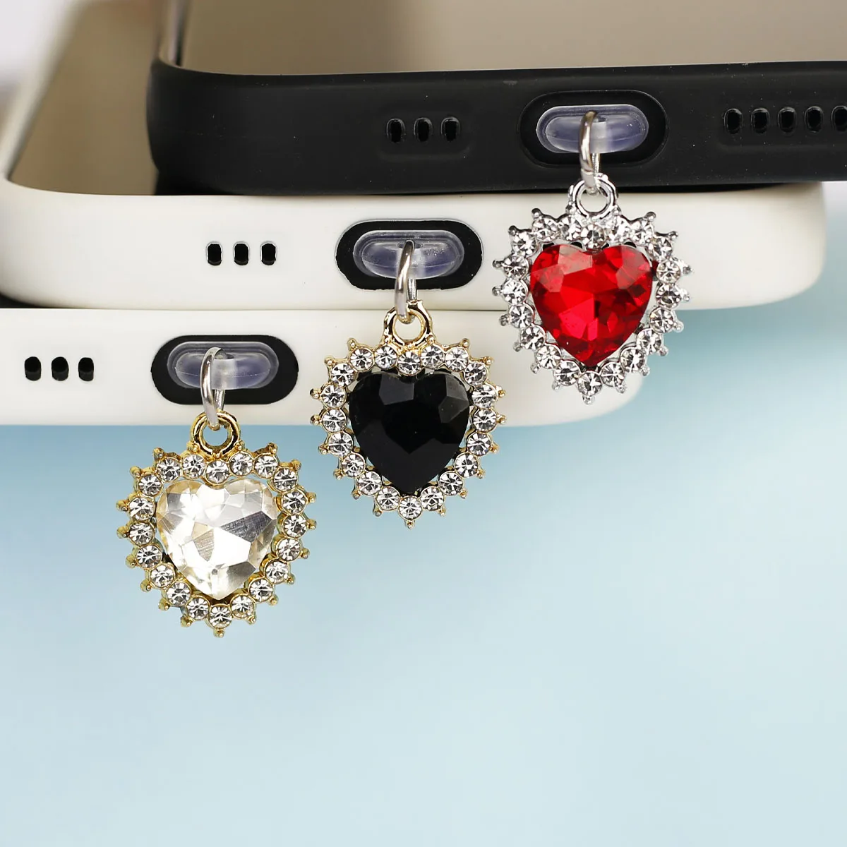 Mobile Phone Dust Plug Pendant Accessory Decoration Rhinestone Border Heart-shaped Love Gemstone Multi-color For Iphone Type-c