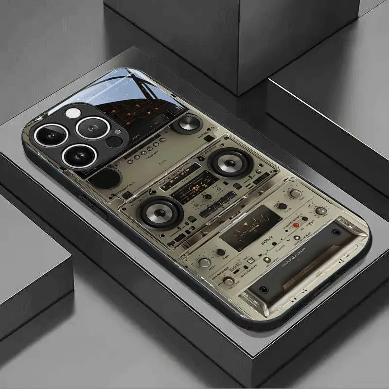 Retro Magnetic Radio Tape Cassette Pattern Glass Phone Case For iPhone 17 16 15 14 13 12 11 Pro Max 17Air 7 8 Plus XR XS X Cover
