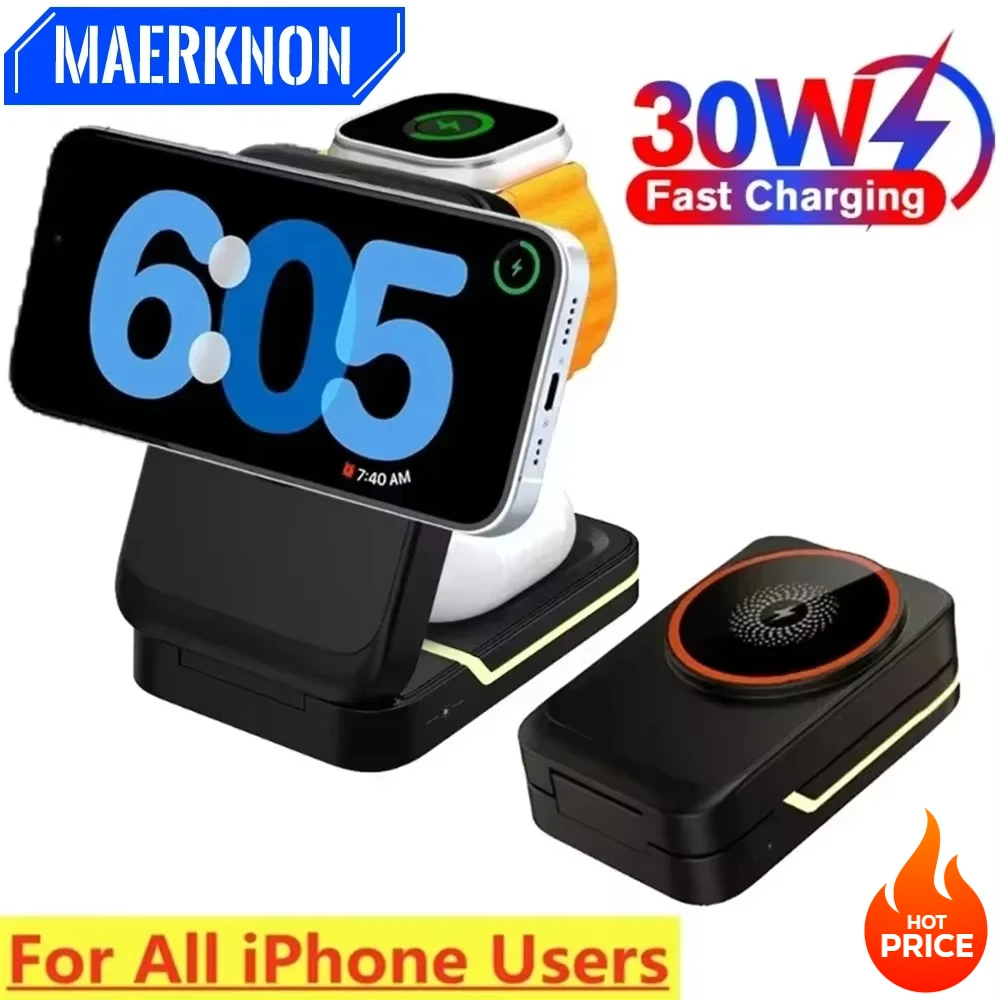 3 in1 Magnetic Wireless Charger Station 30W Induction Fast Charging Phone Adapter For iPhone 16 15 14 13 Pro Max Samsung Oneplus