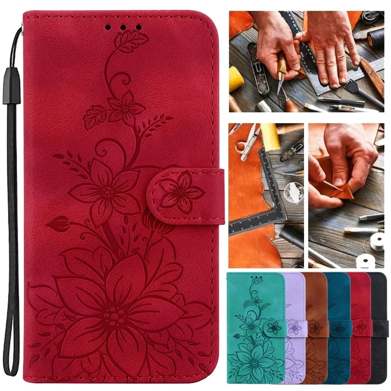 Wallet Bags Flip Cover Flower Case For Samsung Galaxy A16 A06 A05 A15 4G A25 A35 A55 5G A05S Magnetic Leather Phone Cases Lily