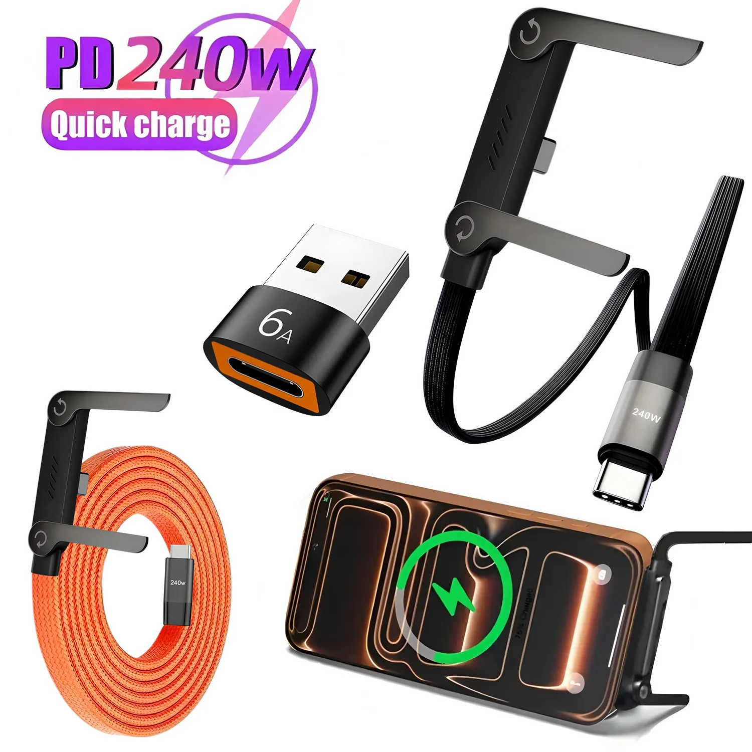 240W Phone Holder Fast Charging C-Type Nylon Braided Cable, Built-in Phone Holder T-Shaped Foldable USB-C Data Cable USB Cable