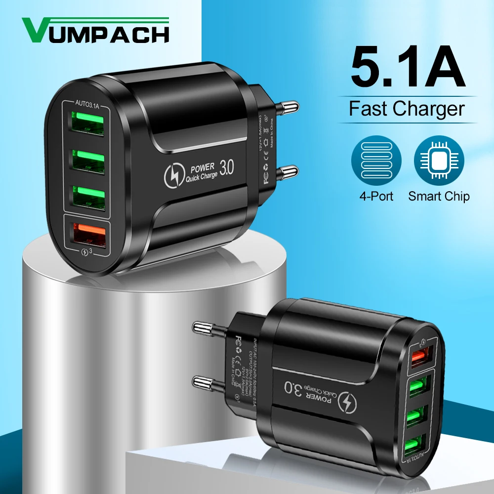 EU US Plug 4 USB 45W USB Charger Fast Charge QC 3.0 Wall Charging For iPhone 12 11 Samsung Xiaomi Mobile 4 Ports Adapter Travel