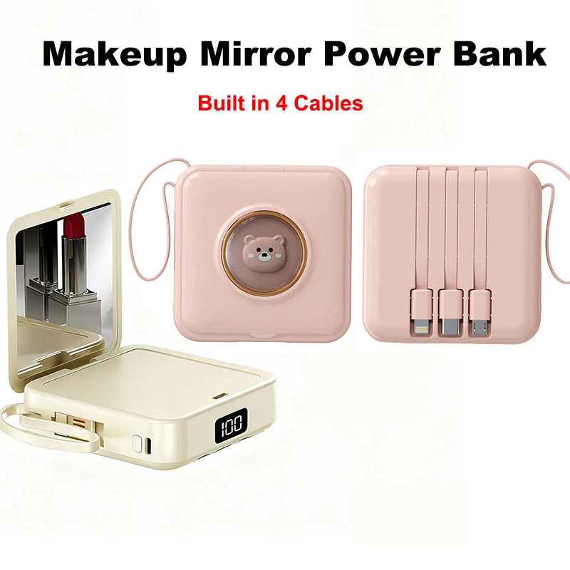 20000mAh Mini Power Bank Built in 4 Cable Portable Charger Cute Pet Cartoon Makeup Mirror Powerbank External Battery Power Bank