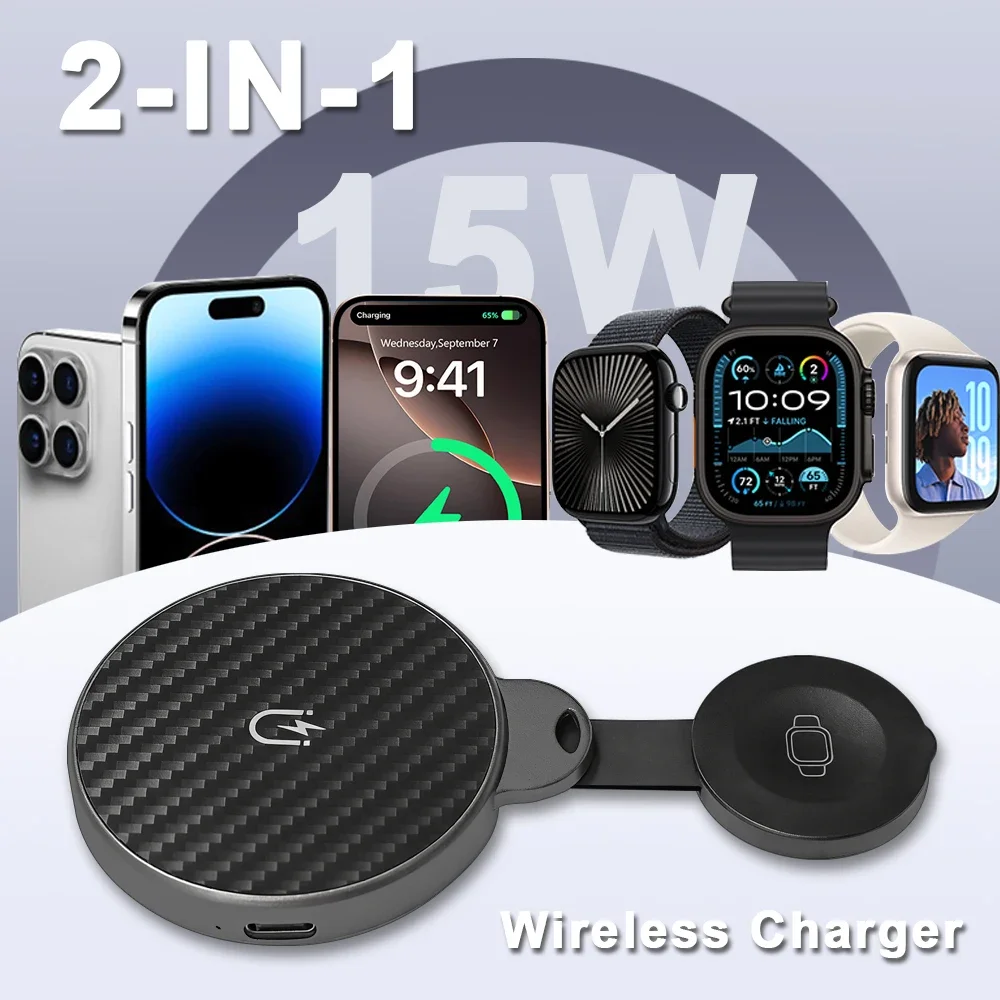 2 in 1 Wireless Charging Station Fast Magnetic Foldable Travel Charger Station for iPhone 16 15 14 Pro Apple Watch Airpods
