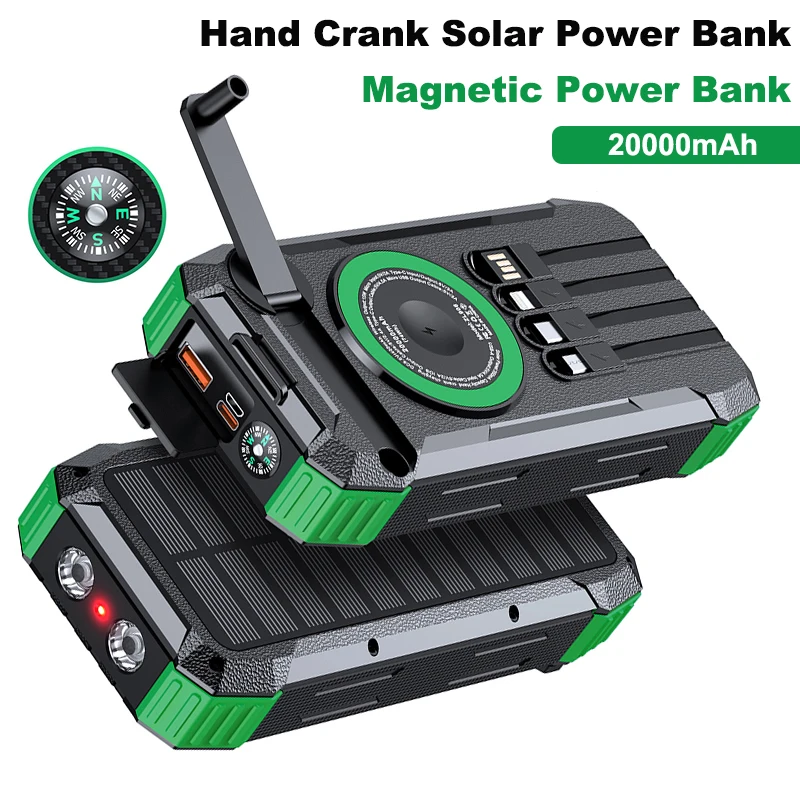 20000mAh Hand Crank Solar Power Bank with Light Magnetic Wireless 22.5W Fast Charging for iPhone 17 16 iWatch Airpods Powerbank
