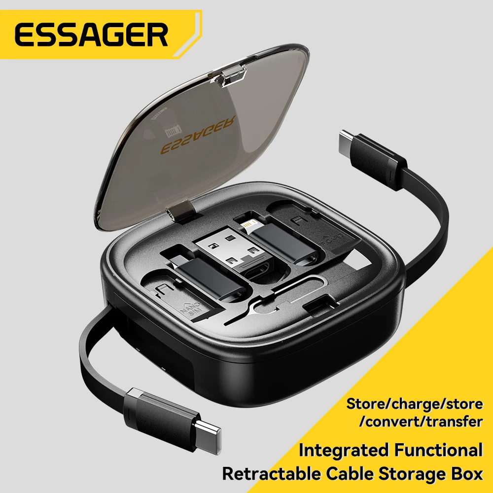 Essager 60W Fast Charge USB A/C To TypeC Micro Lightning Cable Mini Multifunctional Travel Storage Box With Phone Holder Pin Set