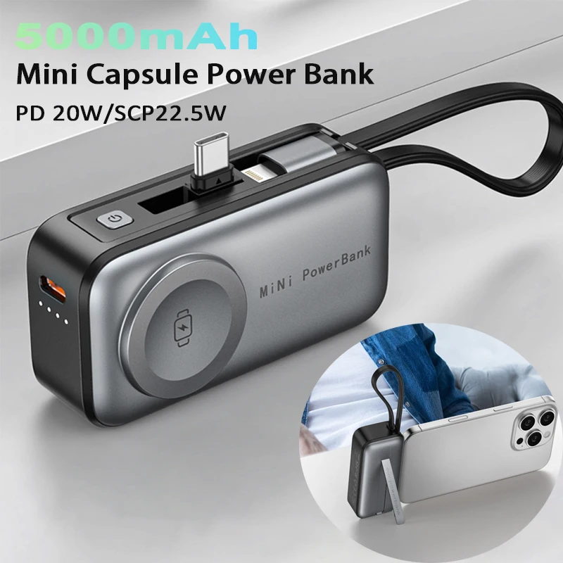 Pocket Power Bank Portable Fast Charge Type C External Battery for iPhone Watch Samsung Xiaomi With Cable Quick Charge Powerbank