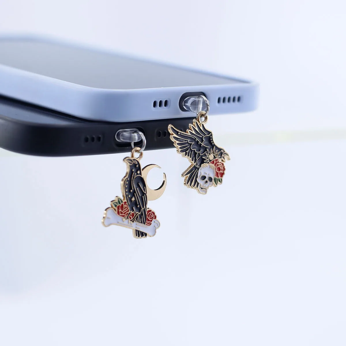 1pc Art Rose Skull Crow Moon Bone Mobile Phone Dust Plug Pendant Accessories Decoration For Iphone Type-c Port Dust Gift Lanyard