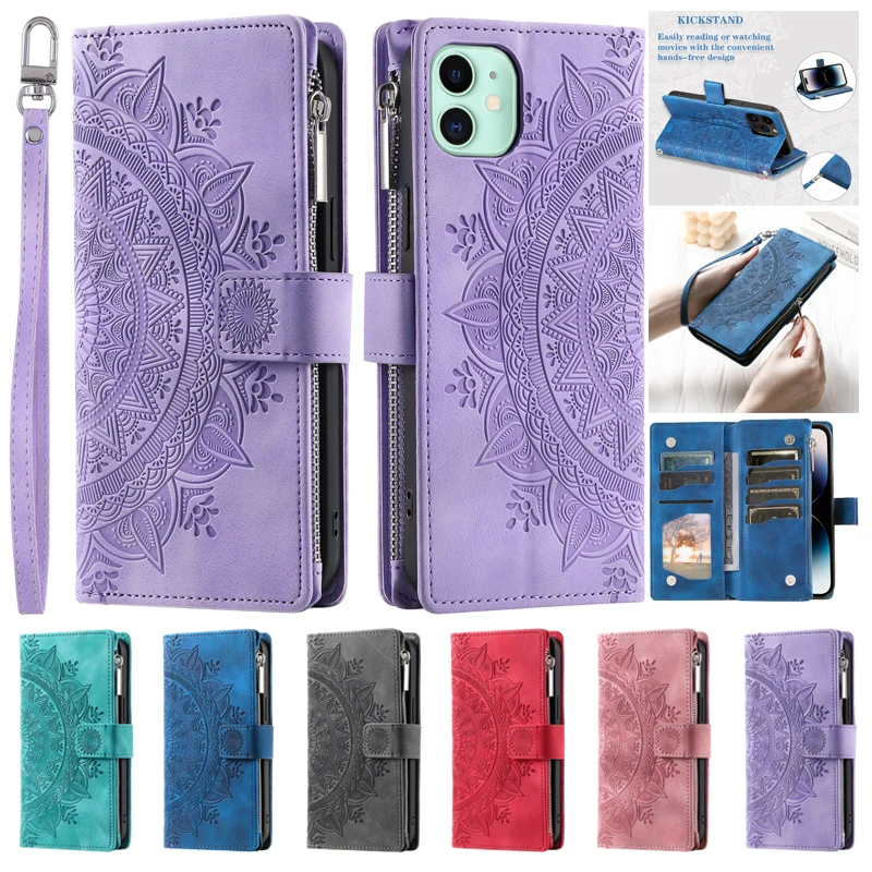 Funda S24+ S24FE Totems Zipper Card Case for Samsung Galaxy S24 S23 S21 FE S22 S20 Ultra S10 Plus Leather Wallet Protect Cover