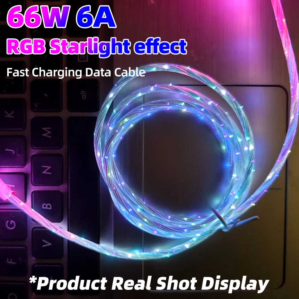 1.2M Luminous RGB LED Type C USB A Cable For Samsung Xiaomi OPPO Huawei Oneplus Fast Charger Data Cord Flowing Light LED Cable
