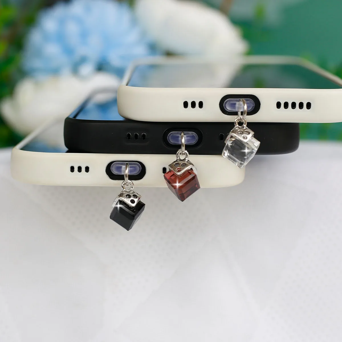 Mobile Phone Dust Plug Pendant Crystal Small Square Accessory For Iphone Type-c Port Decoration With Hanging Rope Prevent Loss