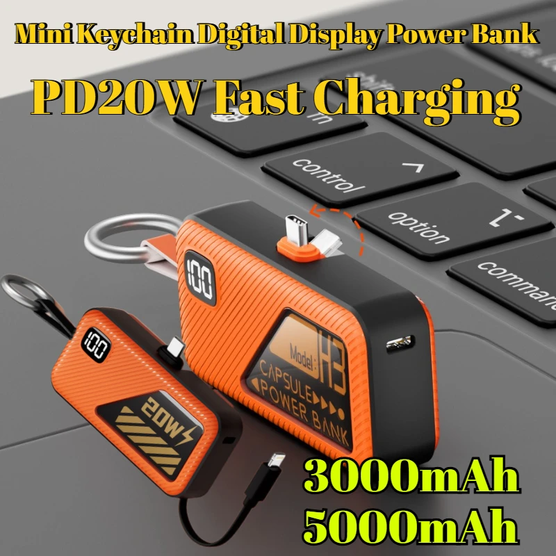 5000mAh Mini Keychain Digital Display Power Bank Comes with Cable PD20W Fast Charging for IPhone Samsung Xiaomi External Battery