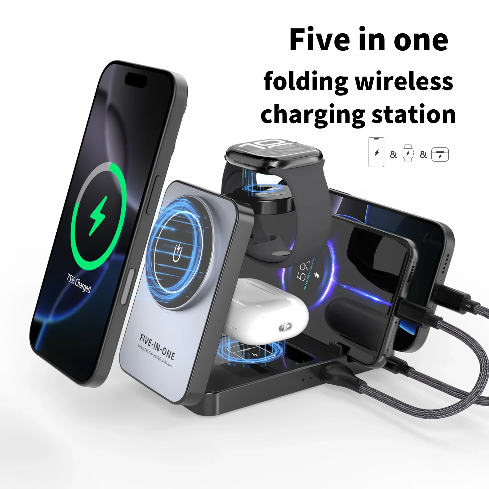 5 in 1 18W Foldable Wireless Charging Station for iPhone 16 15 14 13 12 Pro Max iWatch Ultra Airpods Pro Fast Charger Stand Dock