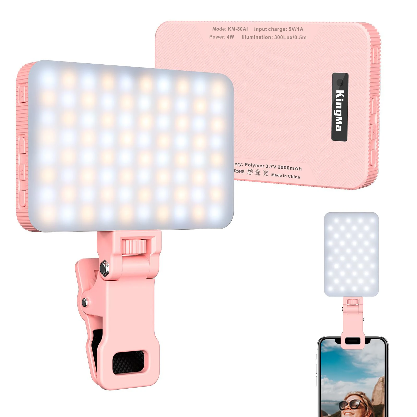 King Ma Pink Rechargeable Selfie Light - Portable Clip on Video Light for Phone/Laptop/for Selfie/Makeup/Video Conference/TikTok