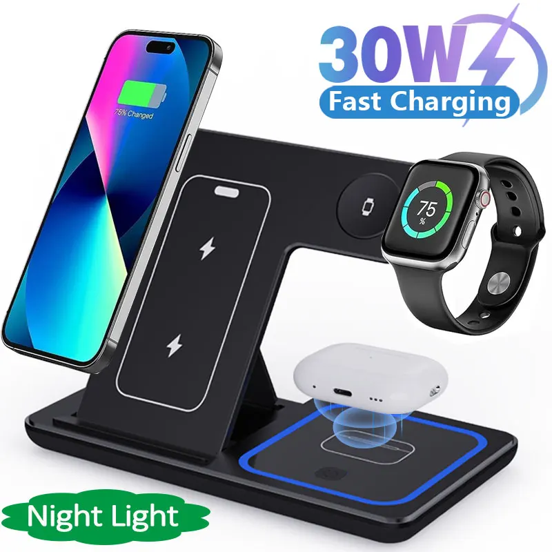 Portable 3-in-1 Wireless Charger Stand Phablet Fast Charging Station for iPhone 16 15 14 13 Pro Max Apple Watch 9 8 7 Airpods