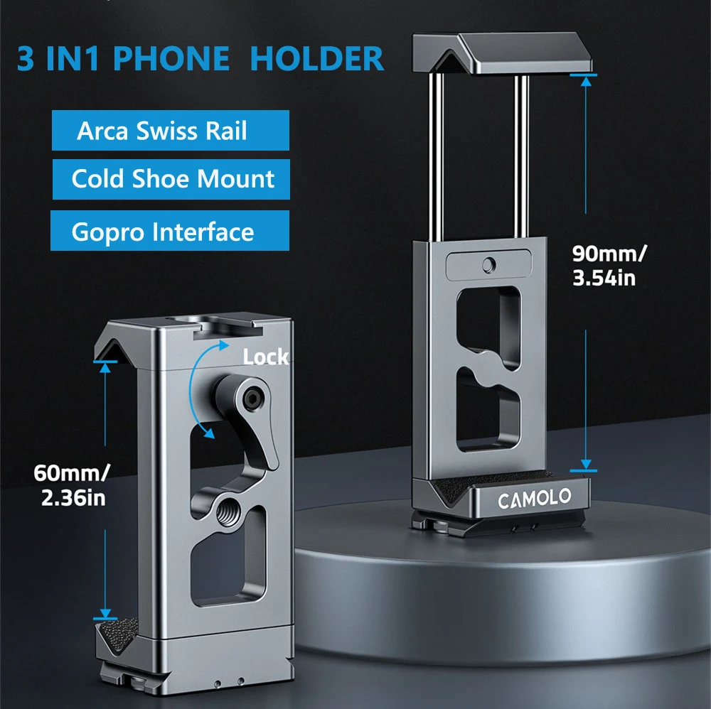 3 IN 1 Aluminum Phone Holder Tripod Mount w Arca Swiss+ColdShoe+Gopro Mount Phone Clamp for iPhone 16/15/14 /13/12/ Samsung
