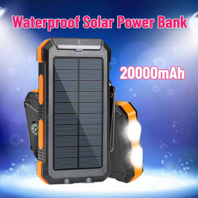 20000mAh Waterproof Solar Power Bank Portable Charging PowerBank USB PoverBank External Battery Charger for IPhone Xiaomi