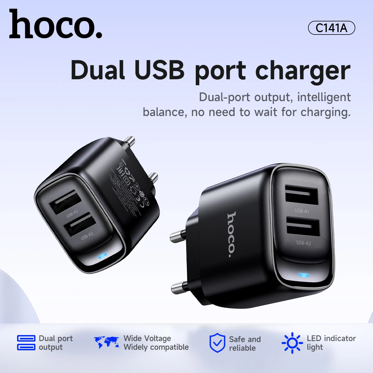 HOCO Dual USB A Phone Charging Adapter For Samsung A51 A71 EU Plug Wall Travel Charger with LED Indicator Light For Smart Watch