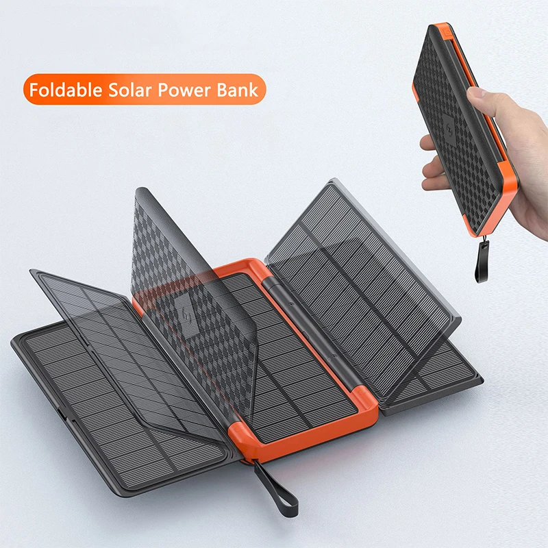 Folding Solar Panel Power Bank 20000mAh Wireless Charger Powerbank for iPhone 15 Samsung Huawei Xiaomi Poverbank with LED Light