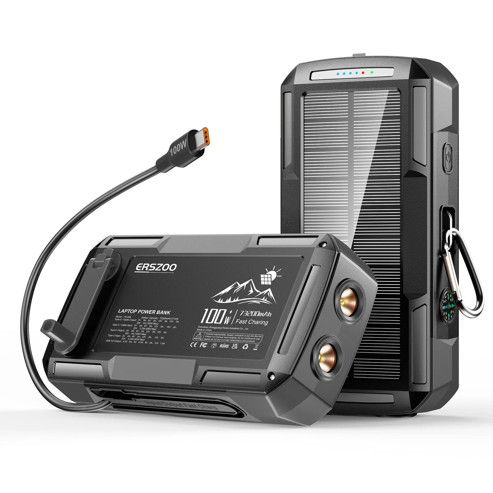 Solar Power Bank 73200mAh Hand Crank Charging with Cable 100W Fast Charge for Laptop Notebook External Battery for iPhone Xiaomi