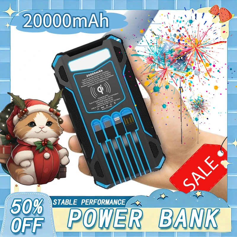Original 20000mAh Wireless Solar Power Bank With LED Lighting With 4-wire Outdoor Portable Powerbank For IPhone 6-17 Samsung