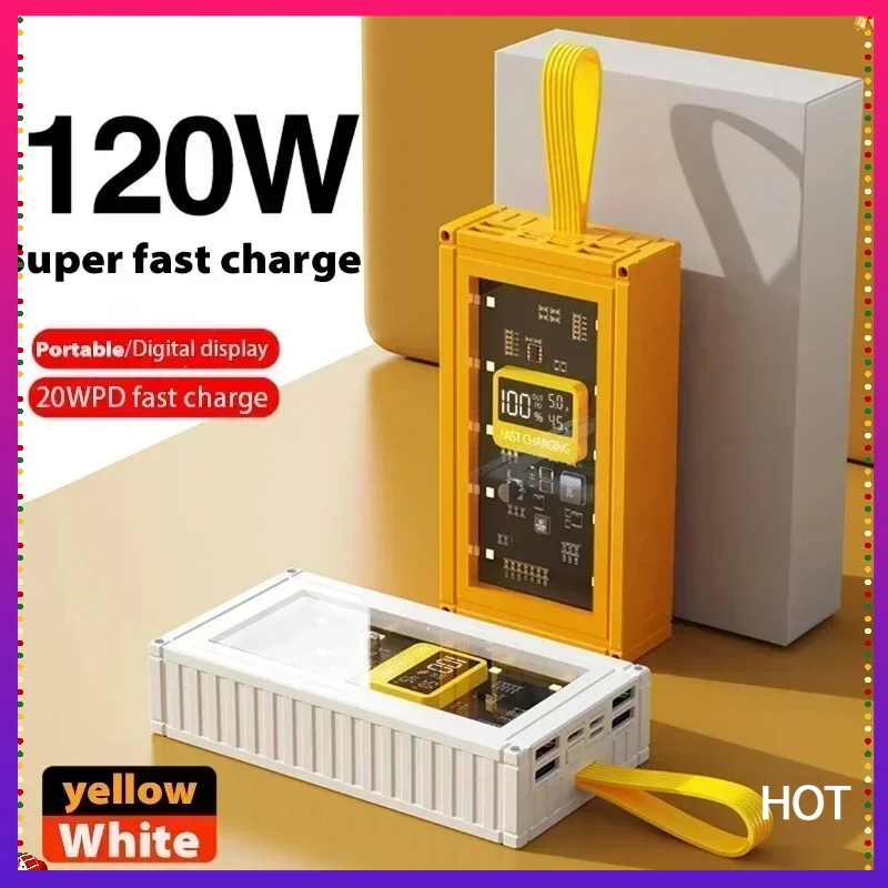 New transparent power bank 120W large capacity 50000mAh 20WPD two-way fast charging with LED light suitable for iPhone/Xiaomi 14