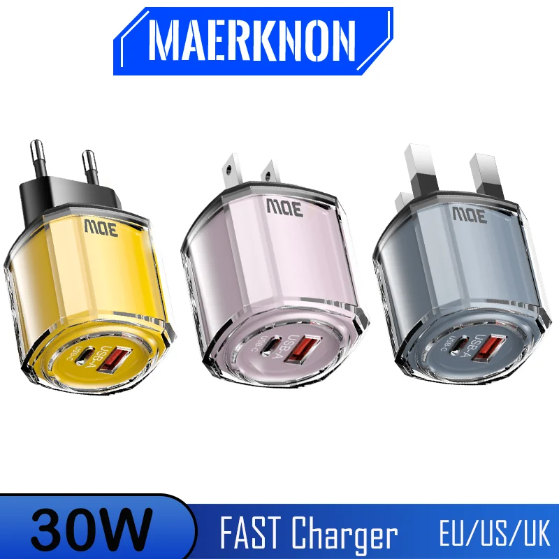 Upgrade USB+TypeC Fast Charging High-quality Fashionable Colorful Translucent Phone Charger EU/US/UK Plug Smartphone Accessories