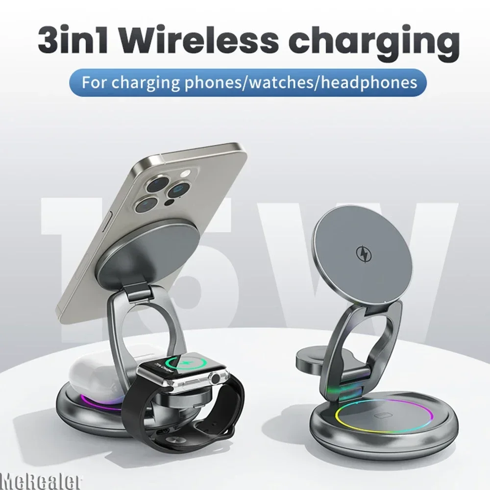 New Portable Three-in-one Foldable Mini Wireless Charger for Iphone Apple Watch Earphones Grey Wireless Charging Metal Bracket