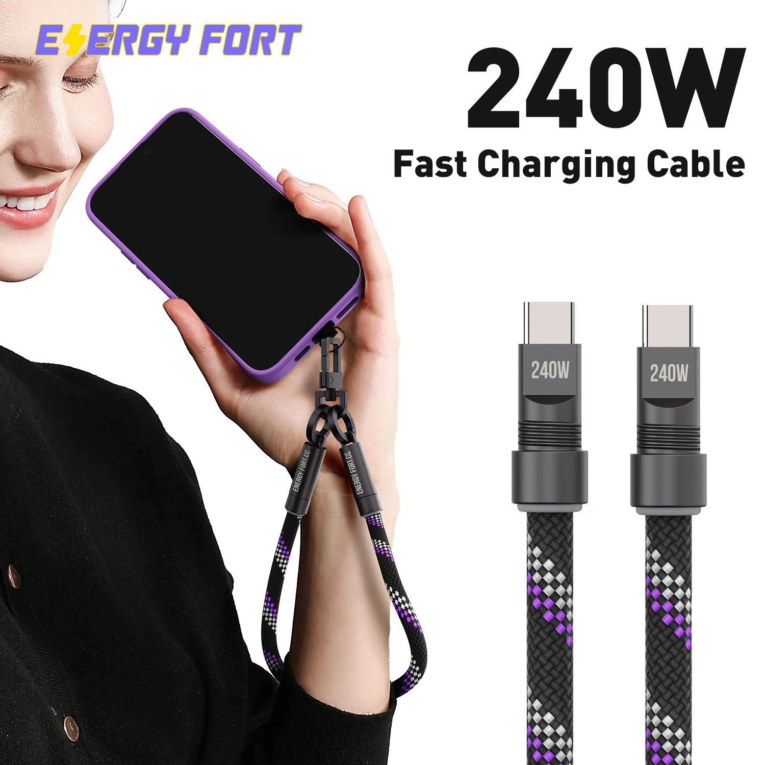 Phone Lanyard USB C to USB C Cable PD 240W 5A USB-C Fast Charging Type C Cord Cell Phone Strap Crossbody Chain for iPhone Tablet