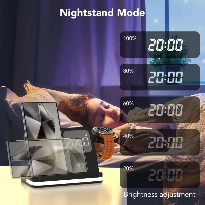 4 in 1 Wireless Charging Station with Alarm Clock LED Night Light Fast Charger Stand for iPhone 17 Samsung Galaxy S25 Watch Buds