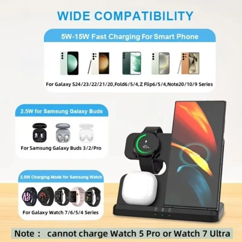 3 in 1 Wireless Charger Stand Charging Dock For Samsung S26 S25 S24 Phone Watch Earbuds Desktop Home Office Universal Accessory