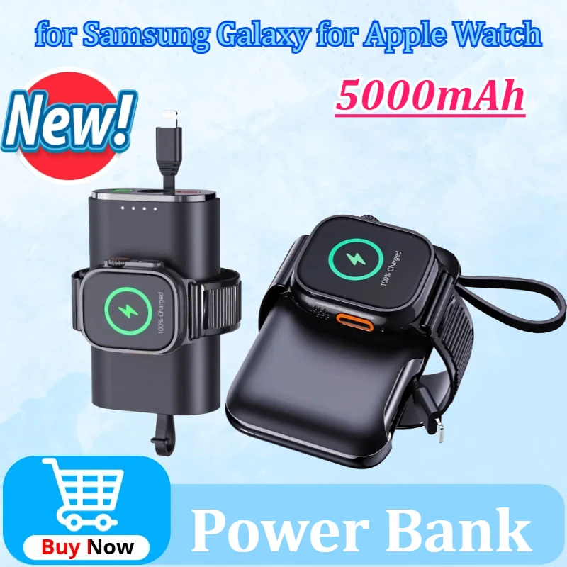 5000mAh Wireless Power Bank Comes with Cord Portable Watch Wireless Charger for Samsung Galaxy for Apple Watch Auxiliary Battery