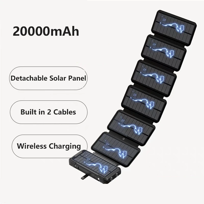 Power Bank 20000mAh Wireless Charger Hand Crank Charging With Cable Foldable Solar Charger for iPhone Samsung Camping Supplies