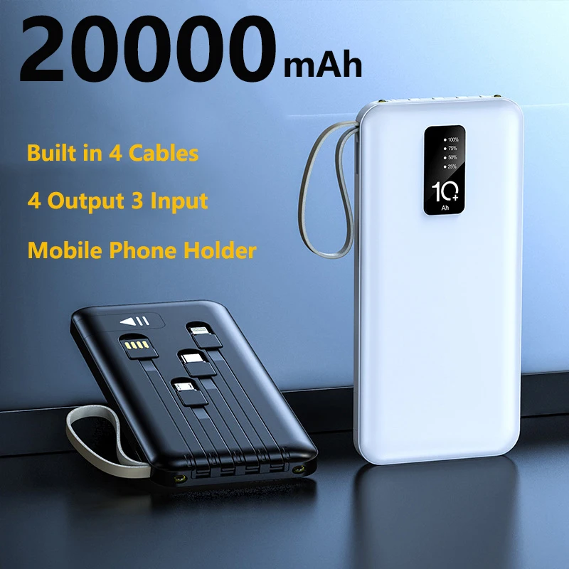 Slim Power Bank 20000mAh with 4 Cables Phone Holder Portable Charger Powerbank for iPhone Samsung Huawei Xiaomi External Battery