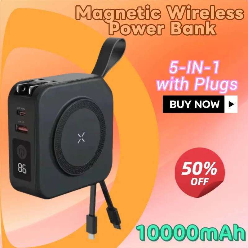 Magnetic Wireless Power Bank 10000mAh Universal Travel Charger Pouch 5-IN-1 with Plugs