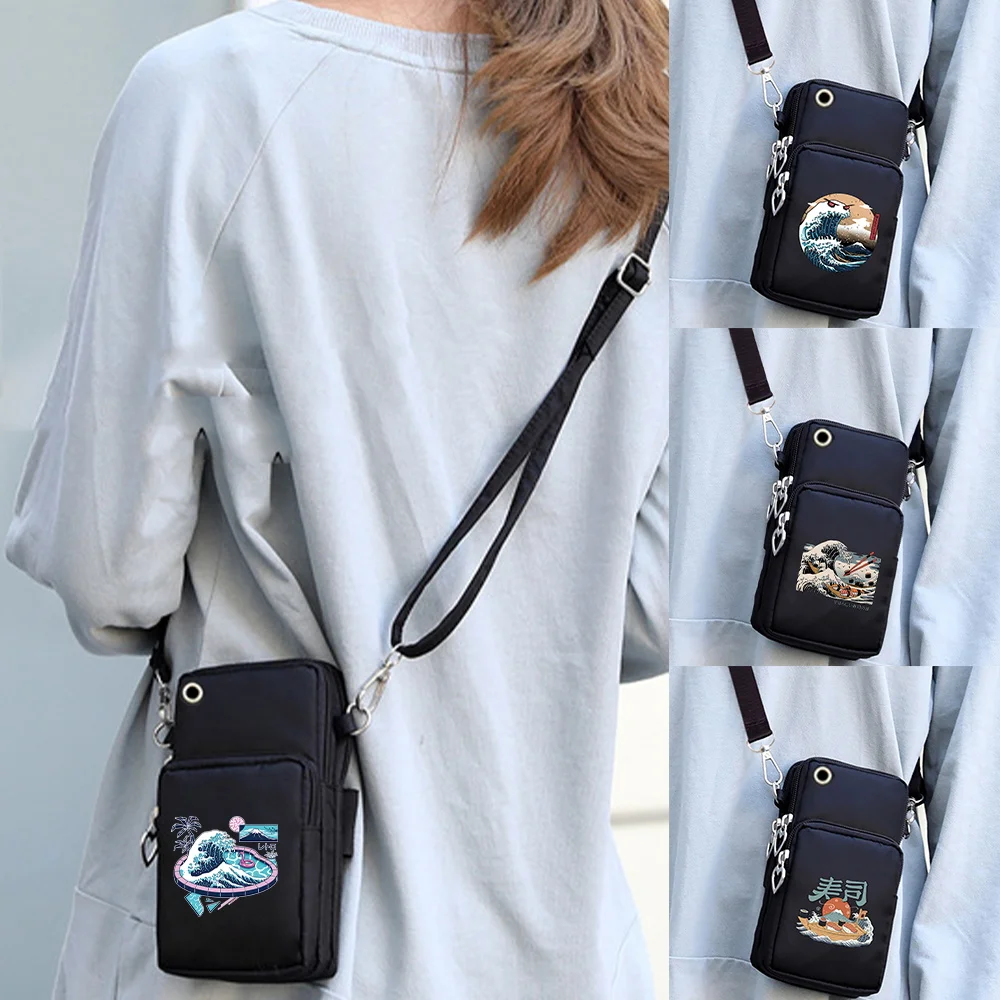 Universal Shoulder Cell Phone Case Bag for IPhone Xiaomi Huawei Wave Print Crossbody Pocket Mini Wristband Pouch Arm Bag Wallet