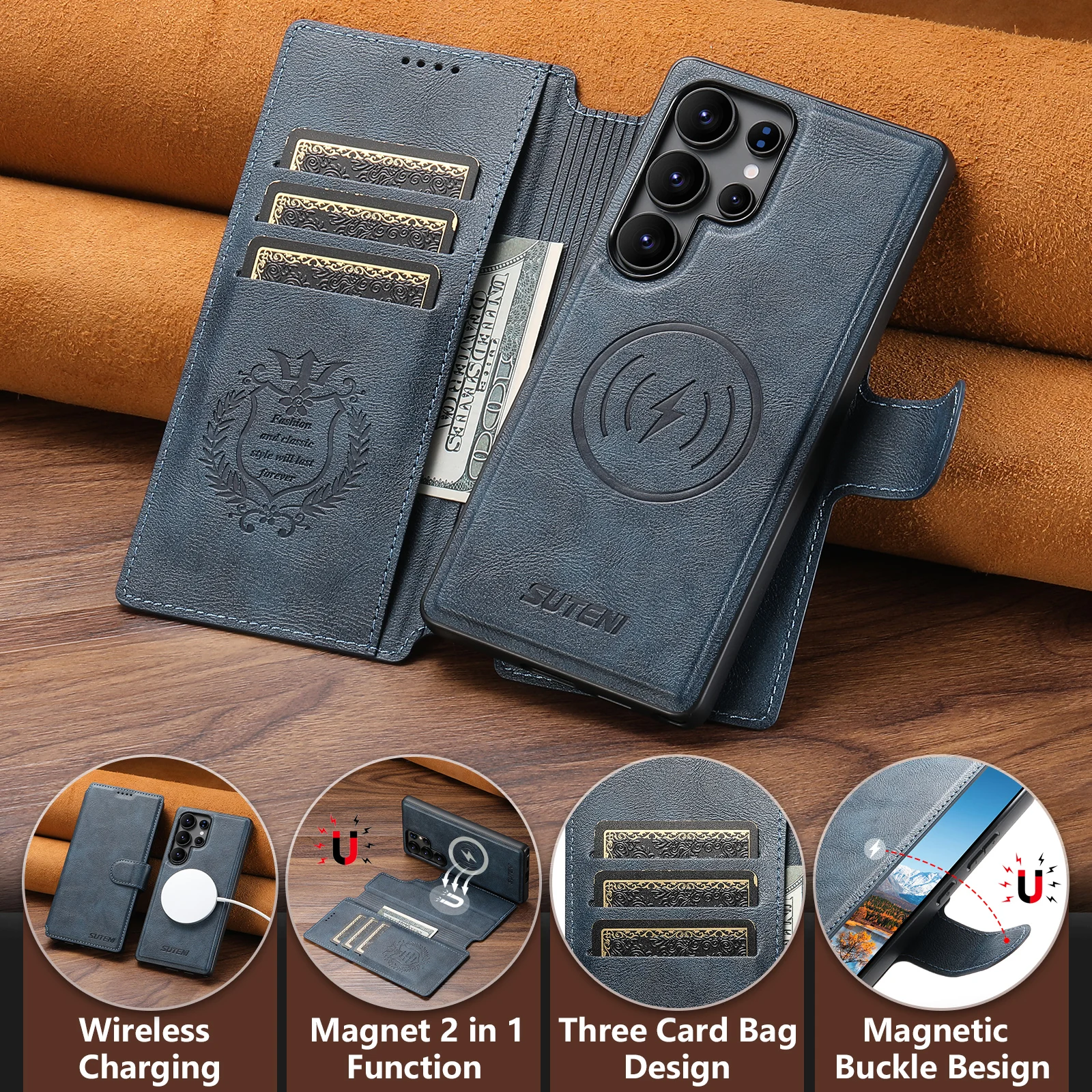 SUTENI PU Leather Wireless Charging Card Holder Stand Wallet Magnetic Flip Cover Phone Case For Samsung Galaxy S26 Ultra S25 S24