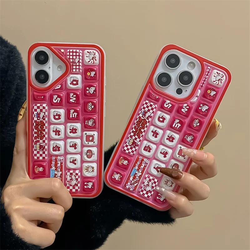 Hot Cute 3D Keyboard Hello Kitty Kuromi KT Cat Phone Case For iPhone 16 15 14 13 12 Pro Max Lovely Cartoon Keyboa Girl KT Cover